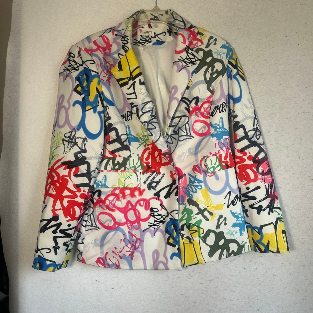 L'Atiste by Amy Graffiti Print Blazer XL White Multi Street Art Jacket quirky
